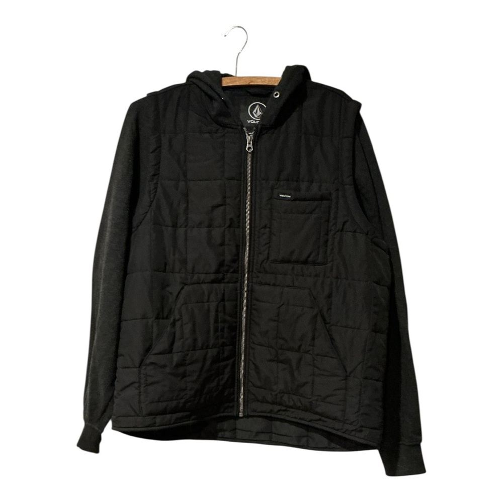 Volcom Men’s Quilted Hooded Jacket Hybrid Zip Up Hoodie – Black – Size M